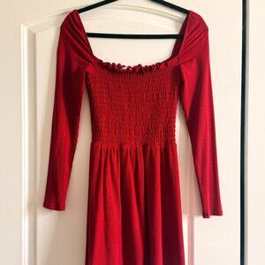 Reformation Red Ribbed Smocked Long-Sleeve Mini Dress